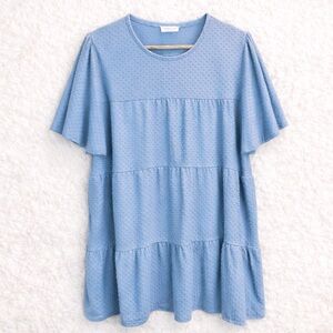 Chic Soul Blue Swiss Dot Tiered Flutter Sleeve Top Soft Knit Textured 1X Casual